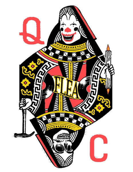 Quality Flea Center logo: a two-headed playing card figure with a smiling clown above an upside-down skull, holding a hammer and a lit candle, a yellow sash reading FLEA, with a large red Q and C in the corners.